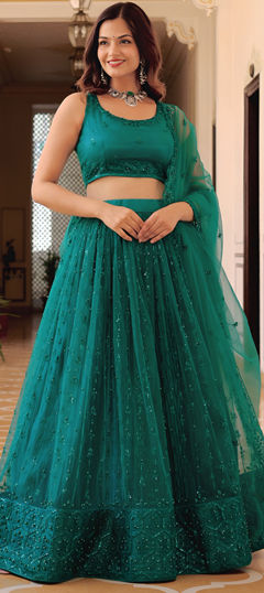 Green color Lehenga in Net fabric with Embroidered, Moti, Sequence, Thread work