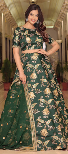 Green color Lehenga in Art Silk fabric with Embroidered, Sequence, Thread, Zari work