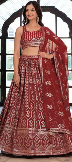 Red and Maroon color Lehenga in Georgette fabric with Embroidered, Sequence, Thread work