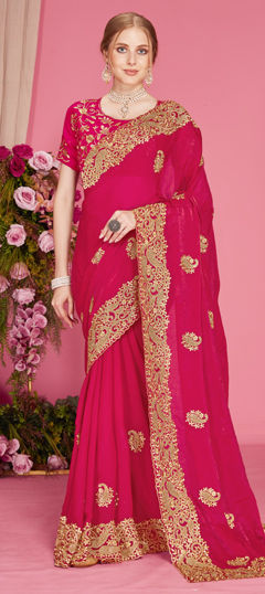 Pink and Majenta color Saree in Organza Silk fabric with Embroidered, Zari, Zircon work