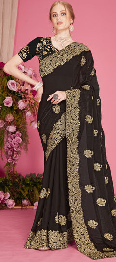 Black and Grey color Saree in Organza Silk fabric with Embroidered, Zari, Zircon work