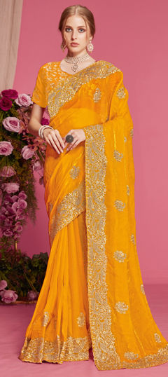 Yellow color Saree in Organza Silk fabric with Embroidered, Zari, Zircon work