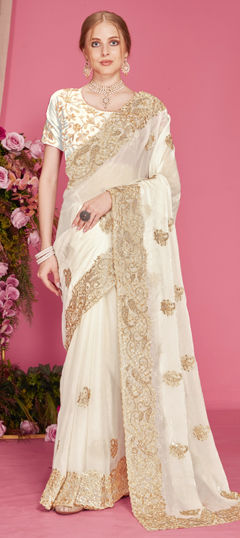 White and Off White color Saree in Organza Silk fabric with Embroidered, Zari, Zircon work
