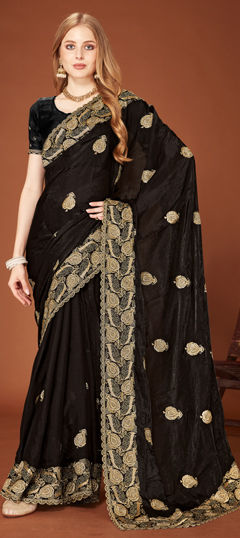 Black and Grey color Saree in Organza Silk fabric with Embroidered, Zari, Zircon work