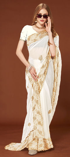 White and Off White color Saree in Organza Silk fabric with Embroidered, Zari, Zircon work