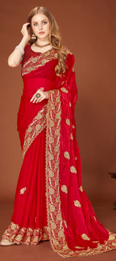 Red and Maroon color Saree in Organza Silk fabric with Embroidered, Zari, Zircon work