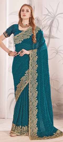 Pink and Majenta color Saree in Organza Silk fabric with Embroidered, Stone, Thread, Zari work