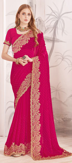 Pink and Majenta color Saree in Organza Silk fabric with Embroidered, Stone, Thread, Zari work