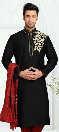 Black and Grey color Kurta in Dupion Silk fabric with Embroidered work