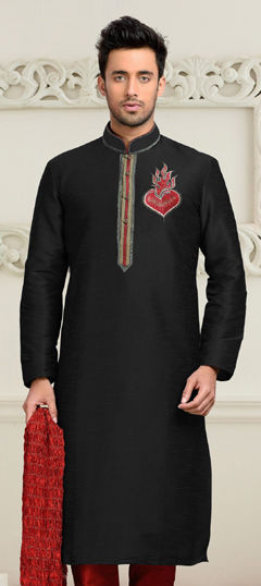Black and Grey color Kurta in Dupion Silk fabric with Embroidered work