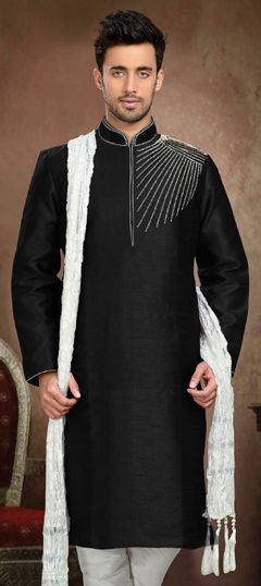 Black and Grey color Kurta in Dupion Silk fabric with Embroidered work