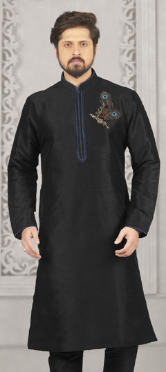 Black and Grey color Kurta in Dupion Silk fabric with Embroidered work