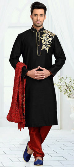 Black and Grey color Kurta Pyjamas in Dupion Silk fabric with Embroidered work