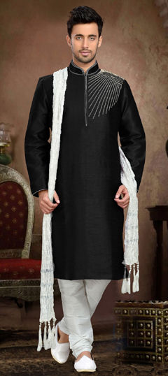 Black and Grey color Kurta Pyjamas in Dupion Silk fabric with Embroidered work