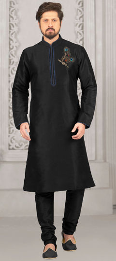 Black and Grey color Kurta Pyjamas in Dupion Silk fabric with Embroidered work