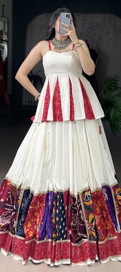 White and Off White color Long Lehenga Choli in Rayon fabric with Bandhej, Foil Print work