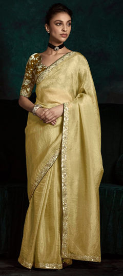 White and Off White color Saree in Organza Silk fabric with Border, Embroidered work