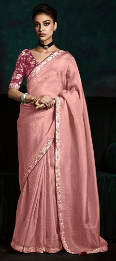 Pink and Majenta color Saree in Organza Silk fabric with Border, Embroidered work