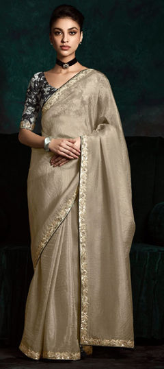 Black and Grey color Saree in Organza Silk fabric with Border, Embroidered work