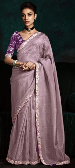 Purple and Violet color Saree in Organza Silk fabric with Border, Embroidered work