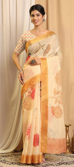 Beige and Brown color Saree in Chanderi Silk fabric with Printed work