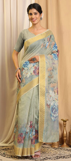 Green color Saree in Chanderi Silk fabric with Printed work