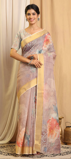 Purple and Violet color Saree in Chanderi Silk fabric with Printed work