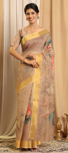 Beige and Brown color Saree in Chanderi Silk fabric with Printed work