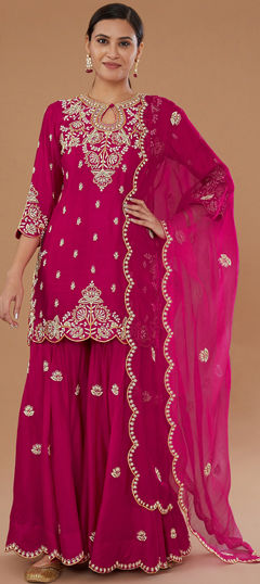 Pink and Majenta color Salwar Kameez in Art Silk fabric with Embroidered, Thread work