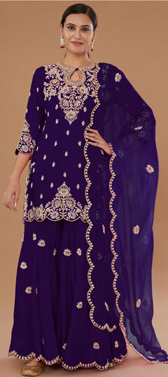 Blue color Salwar Kameez in Art Silk fabric with Embroidered, Thread work