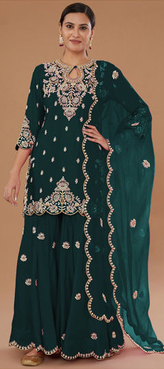 Blue color Salwar Kameez in Art Silk fabric with Embroidered, Thread work
