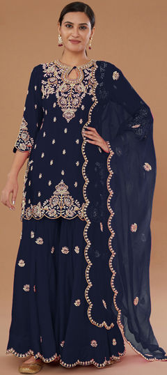 Blue color Salwar Kameez in Art Silk fabric with Embroidered, Thread work