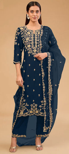 Blue color Salwar Kameez in Art Silk fabric with Embroidered, Thread work