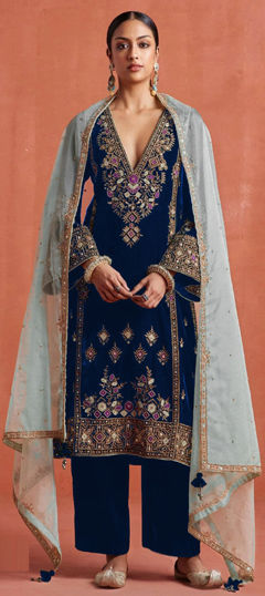 Blue color Salwar Kameez in Velvet fabric with Embroidered, Sequence, Thread work