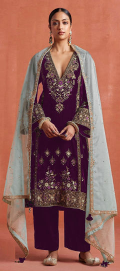 Purple and Violet color Salwar Kameez in Velvet fabric with Embroidered, Sequence, Thread work