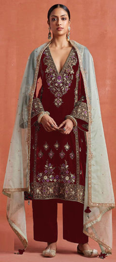 Red and Maroon color Salwar Kameez in Velvet fabric with Embroidered, Sequence, Thread work