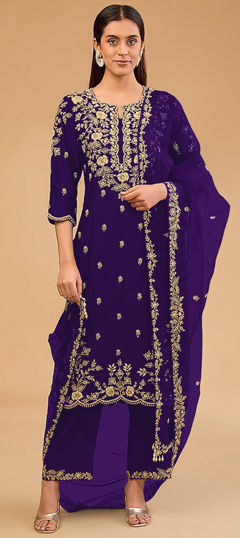 Purple and Violet color Salwar Kameez in Art Silk fabric with Embroidered, Thread work