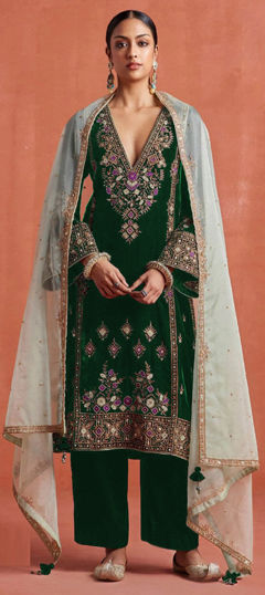Green color Salwar Kameez in Velvet fabric with Embroidered, Sequence, Thread work