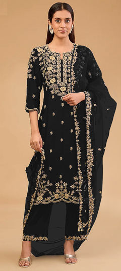 Black and Grey color Salwar Kameez in Art Silk fabric with Embroidered, Thread work