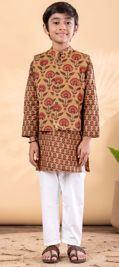 Beige and Brown color Boys Kurta Pyjama with Jacket in Cotton fabric with Floral, Printed work