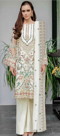 White and Off White color Salwar Kameez in Faux Georgette fabric with Embroidered, Sequence, Thread work