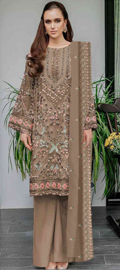 Beige and Brown color Salwar Kameez in Faux Georgette fabric with Embroidered, Sequence, Thread work