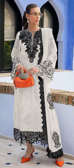 White and Off White color Salwar Kameez in Faux Georgette fabric with Embroidered, Thread work