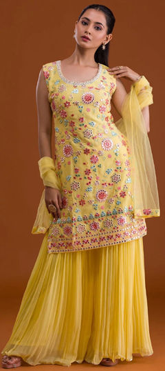 Yellow color Salwar Kameez in Faux Georgette fabric with Embroidered, Mirror, Resham, Thread work
