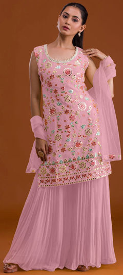 Pink and Majenta color Salwar Kameez in Faux Georgette fabric with Embroidered, Mirror, Resham, Thread work
