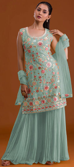 Blue color Salwar Kameez in Faux Georgette fabric with Embroidered, Mirror, Resham, Thread work