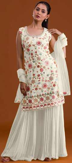White and Off White color Salwar Kameez in Faux Georgette fabric with Embroidered, Mirror, Resham, Thread work