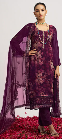 Pink and Majenta color Salwar Kameez in Organza Silk fabric with Floral, Printed work