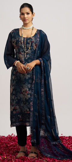 Blue color Salwar Kameez in Organza Silk fabric with Floral, Printed work