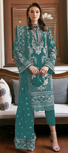 Green color Salwar Kameez in Georgette fabric with Embroidered, Thread work